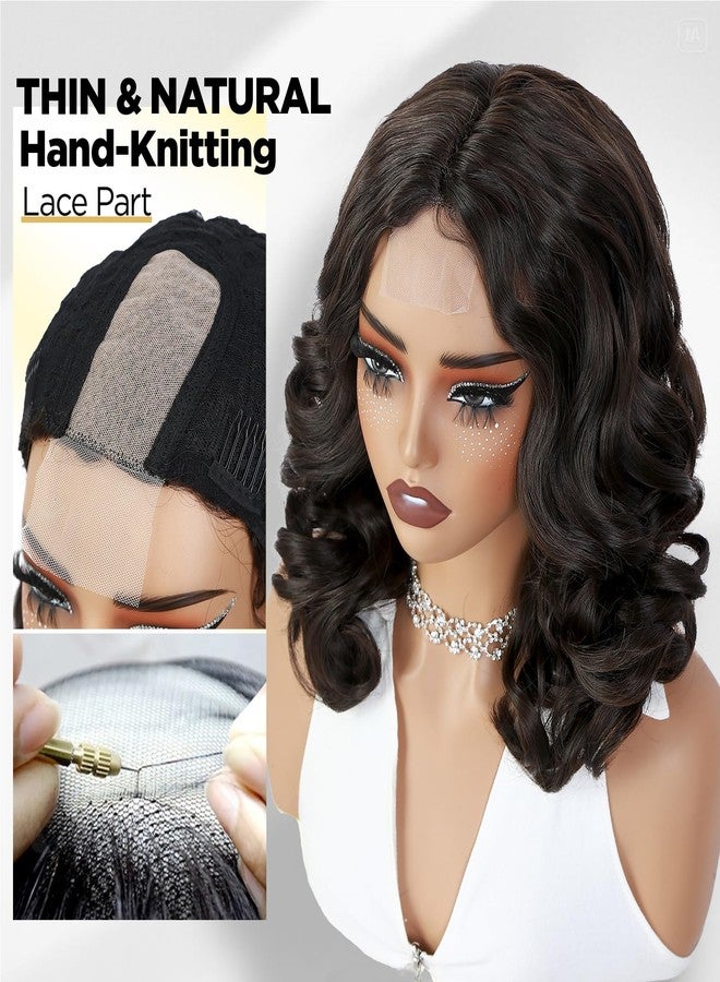 WIGER Lace Part Black Body Wave Hair Wig Dark Brown Short Wavy Wigs for Women 16 Inch Middle Part Shoulder Length Bob Wigs Loose Wave Hair Synthetic Curly Wig for Daily or Party - Image 4